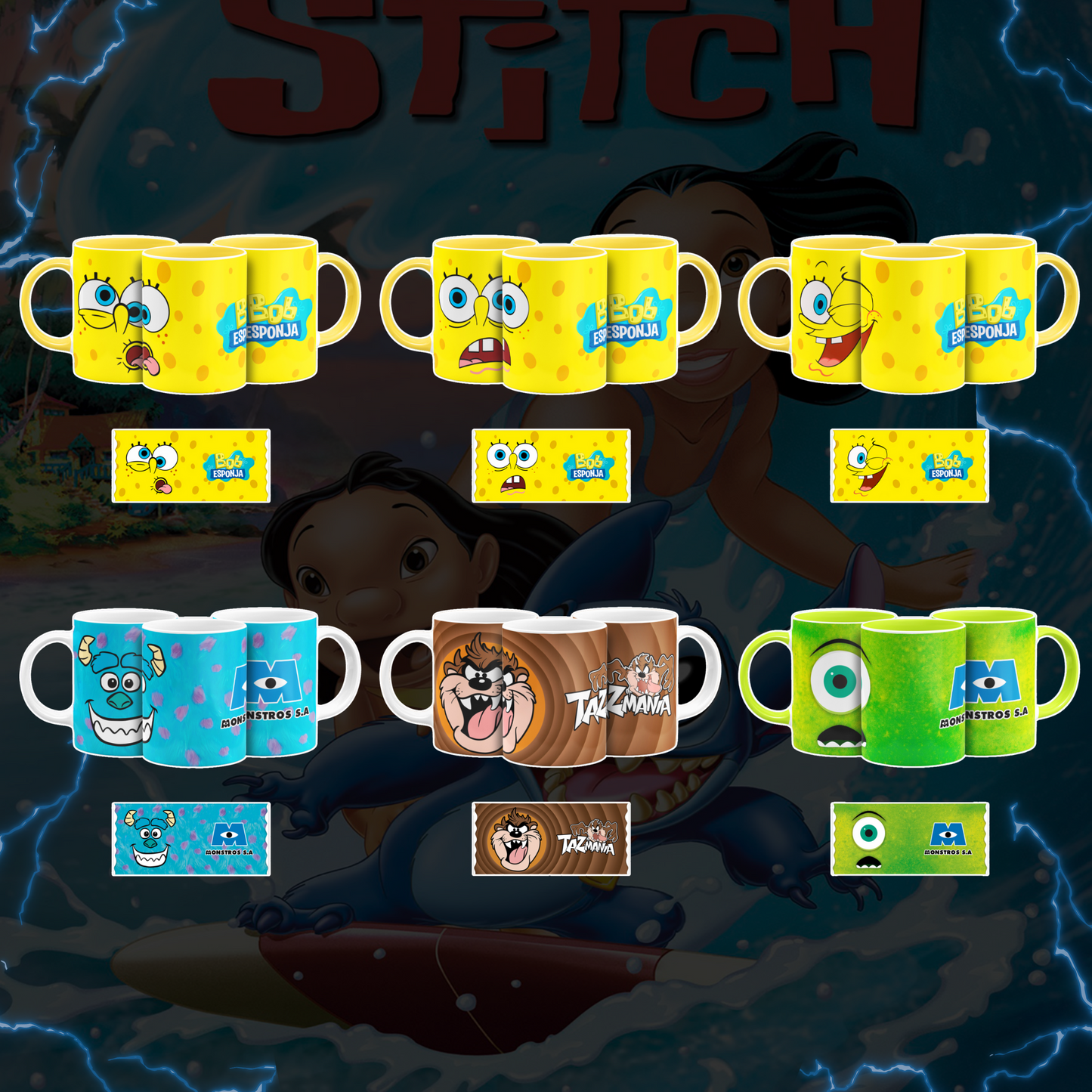 TAZAS DISEÑOS CARTOONS CON BOCA INFERIOR
