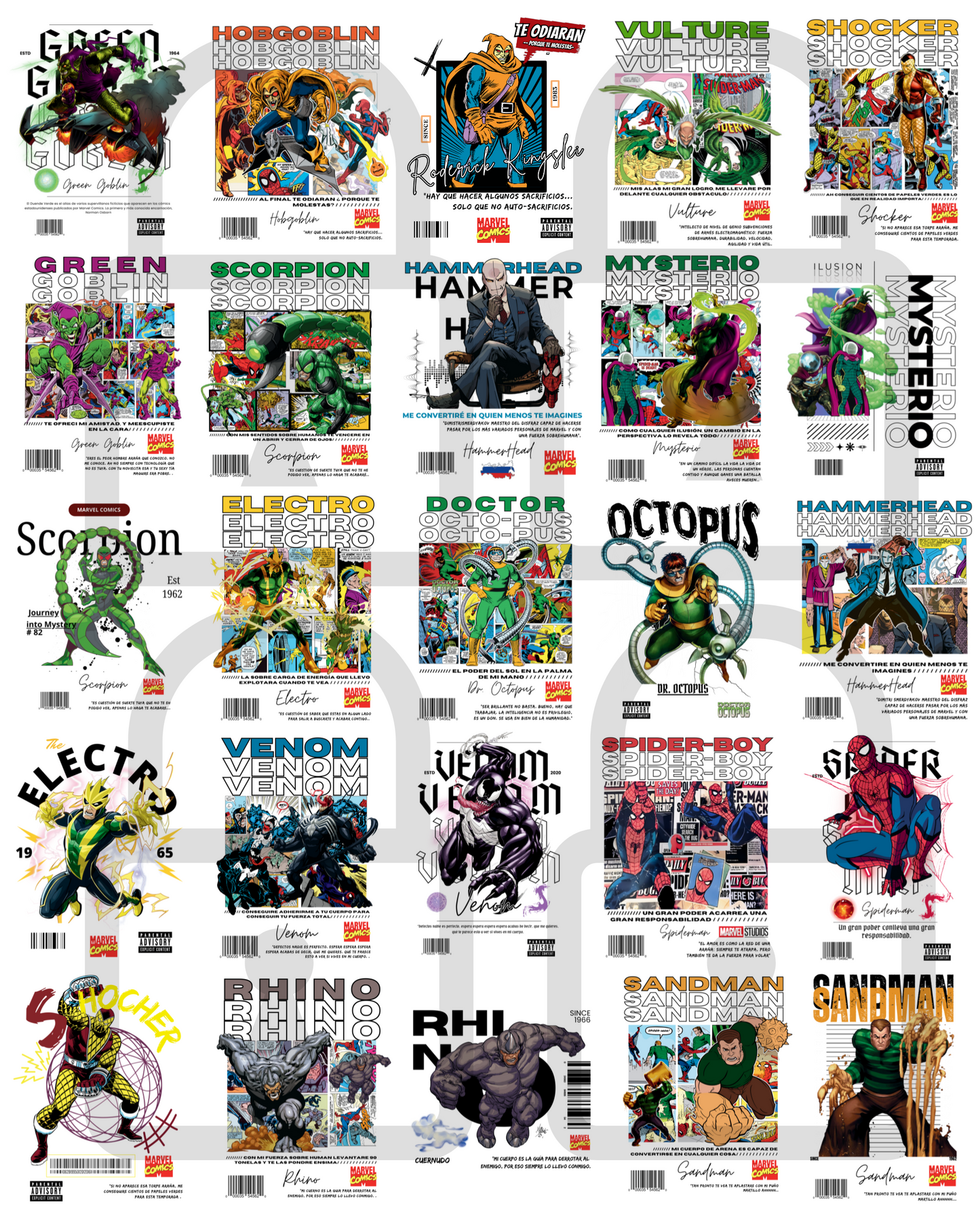 Pack Personajes de Spiderman Comic , Diseños en Tendencia , Venom, Green Goblin, Doctor Octopus, Mysterio y más